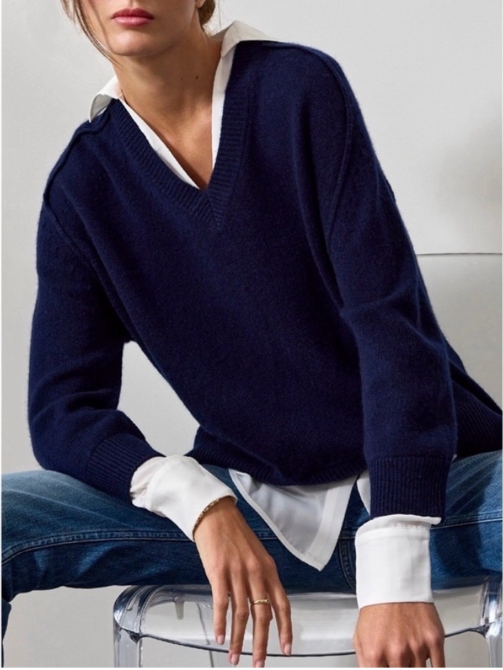 Brochu Walker The Looker Layered V-Neck Wool Cashmere Navy Blue Sweater size S